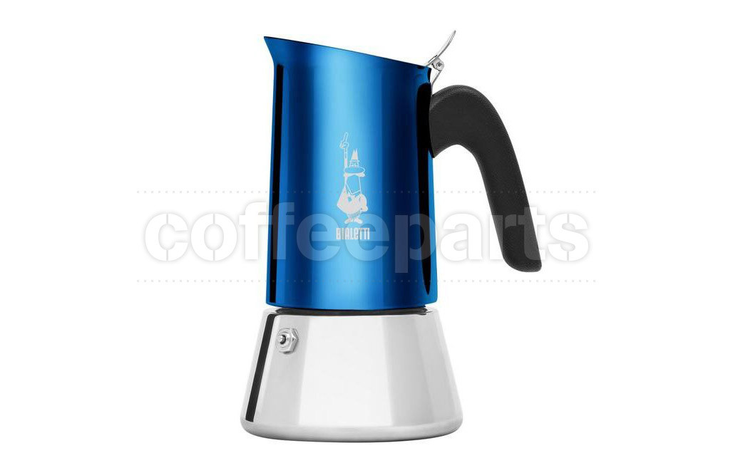 Bialetti 4 Cup Venus Blue stovetop coffee maker, durable material.