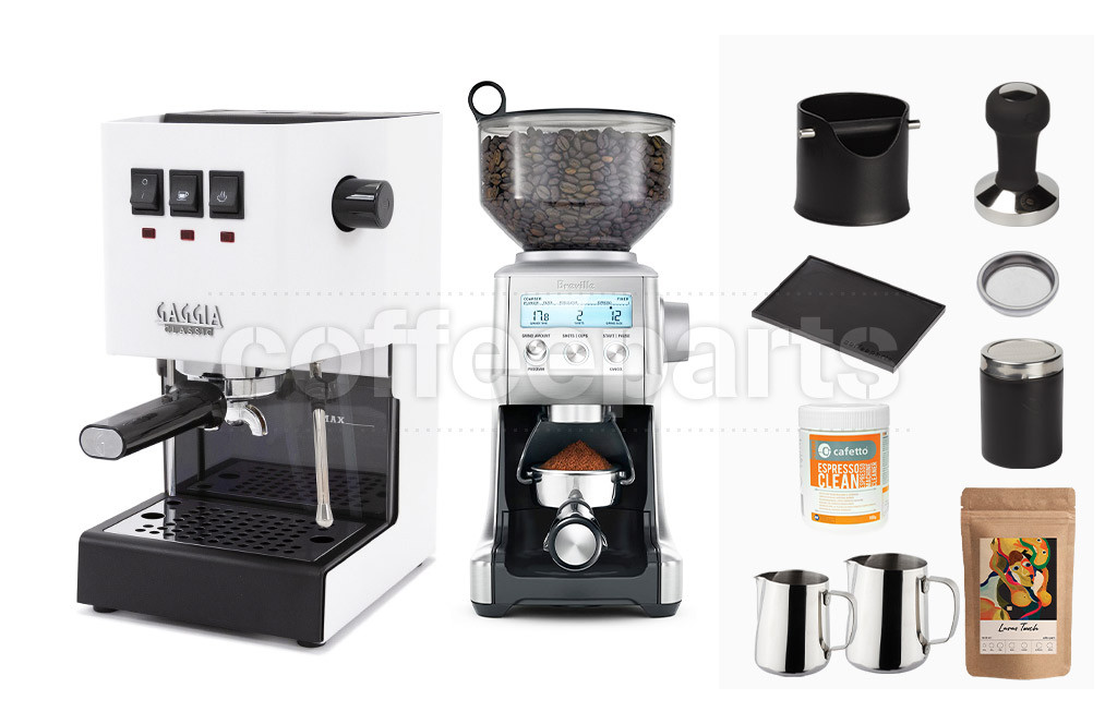 Gaggia Classic: White & Breville Smart Grinder Machine Package 