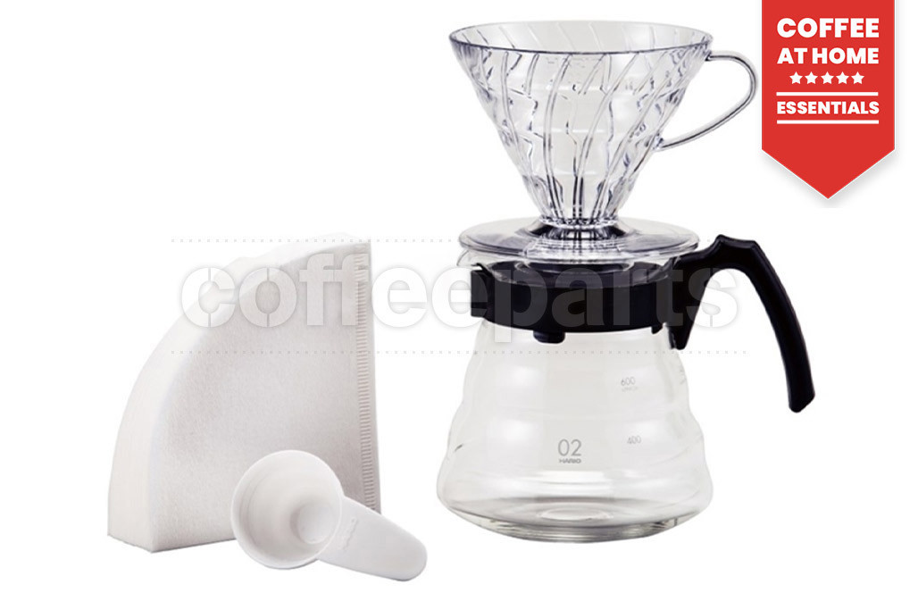 Hario 2-Cup V60 Plastic Set (v60, 2-Cup Server and 100 Filter Papers): VCND-02B-EX