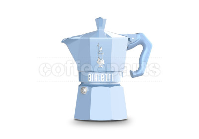 Light blue Bialetti 3 Cup Moka Exclusive, classic stovetop design.