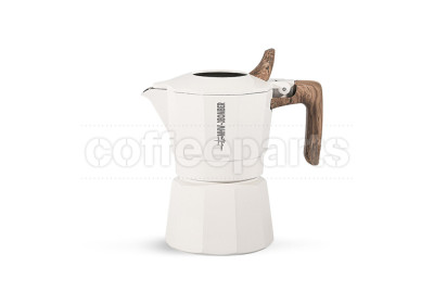 White MHW Double Valve Moka Pot 100ml, compact size.