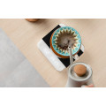 Acaia Pearl Coffee Scale: White displayed next to brewing coffee setup.  